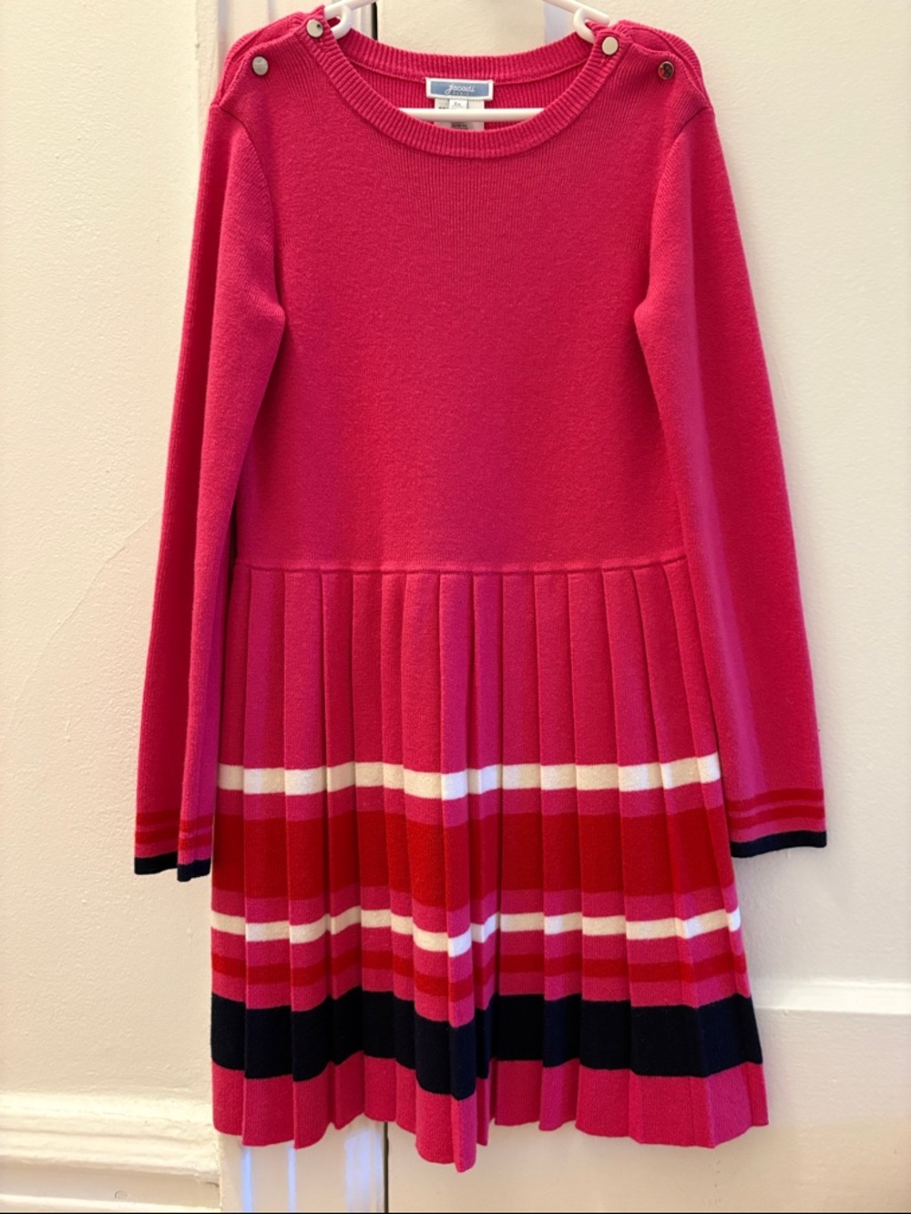 Jacadi Hot Pink Pleated Knit Dress with Stripe Detail